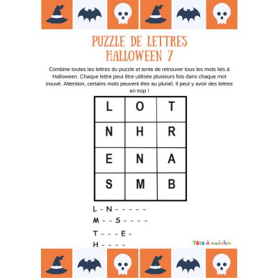 Jeu de vocabulaire sur Halloween, voici le puzzle de lettres N°7 sur le vocabulaire d'Halloween. Avec les lettres proposées dans cette grille, votre enfant devra découvrir 4 mots du vocabulaire d'Hall
