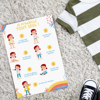 Imprimer gratuitement l'affiche pour aider les enfants à s'habiller seul. Vous pouvez la plastifier et la mettre dans la salle de bain ou dans la chambre afin que l'enfant visualise les étapes pour s'