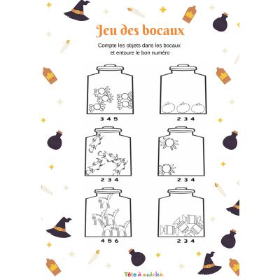 Une activité à imprimer pour apprendre à compter de 1 à 5 pour les enfants de maternelle. Une fois la fiche imprimée, votre enfant doit compter le contenu de chaque bocal et entourer le chiffre qui co