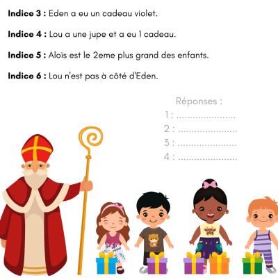 Jeu à imprimer pour la Saint Nicolas. Ce jeu de réflexion demandera aux enfants de retrouver le nom de chaque enfants grâce à des indices . Vous pouvez le donner à votre enfant pour qu'il travail