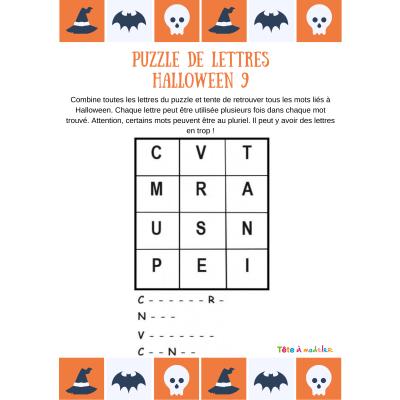 Un puzzle de lettres avec lesquelles votre enfant doit pouvoir écrire quatre mots liés à la fête d'Halloween. Votre enfant devra trouver un mot commençant par C, un commençant par N, un autre par V et