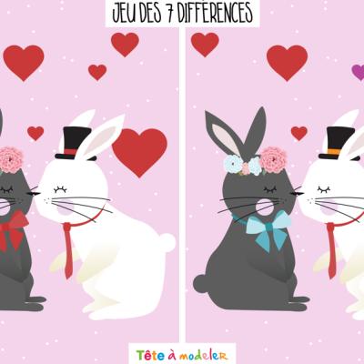 Un jeu de Saint Valentin très drôle à faire durant la Saint Valentin ! Il faudra trouver les 7 différences entre l'image de droite et l'image de gauche. Imprimez la feuille et proposer à votre enfant 