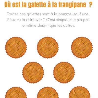 Jeu d'observation à imprimer gratuitement : quelle galette est à la frangipane  ? le but de ce jeu est de trouver quel galette est à la frangipane. Ce jeu est parfait pour la période de la galette des