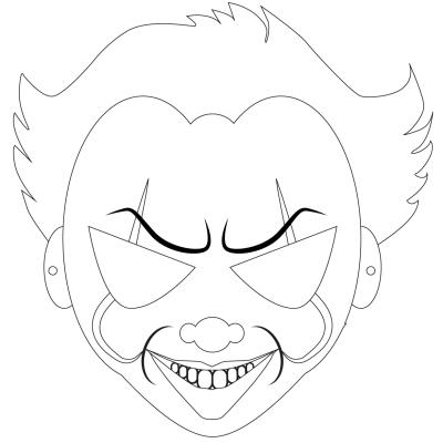 Masque d'Halloween à imprimer gratuitement pour le colorier afin d'avoir un déguisement de clown effrayant de dernière minute inspiré de "Ça". Il suffira de l'imprimer sur du papier épais, de le color