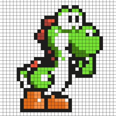Réaliser ce beau Pixel Art en prenant un quadrillage afin de reproduire les carrés colorés. Vous pourrez alors avoir un Yoshi qui sera prêt à aller aider Mario et tous ses autres amis au royaume champ