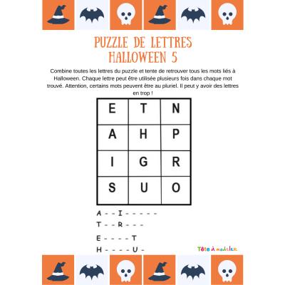 Sur cette grille de lettres votre enfant devra retrouver 4 mots de vocabulaire lié à l'univers de la peur, la peur lié à la fête d'Halloween. Les initiales et quelques lettres offertes aideront votre 