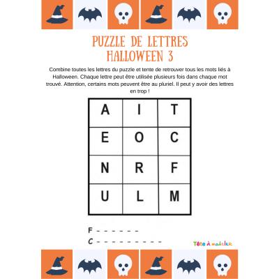 Une grille de lettres à associer pour former deux mots du vocabualire d'Halloween. 12 lettres sont proposées pour découvrir deux mots commençant par les lettres "F" et "C". Un jeu pour progresser en f