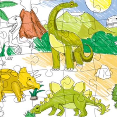 Un puzzle pour jouer avec les dinosaures, le puzzle des dinosaures est à colorier avant de pouvoir jouer. Jouer avec un puzzle est bon pour le repérage spatial, la discrimination visuelle et la représ