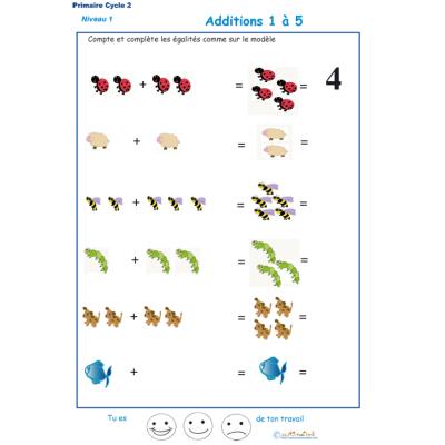 Imprimer la  fiche d'additions de 1 &agrave; 5 - exercice 1 