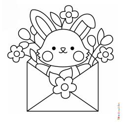 Coloriage de lapin dans une enveloppe avec des fleurs