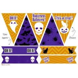 Printables gouter d'Halloween à imprimer pour organiser votre gouter d'Halloween monstrueux ! Des fanions a accrocher sur une ficelle et des cake toppers à plier en deux et à mettre sur des cure dents