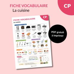 Téléchargez une fiche de vocabulaire sur la cuisine à imprimer pour la maternelle et le CP. Activités, exercices et mots illustrés à imprimer gratuitement.