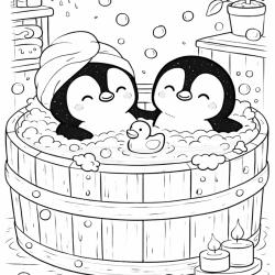 Coloriage de pingouins dans un jacuzzi à imprimer gratuitement