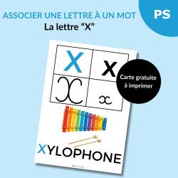 Une carte alphabet pour associer la lettre X à un mot : X comme Xylophone