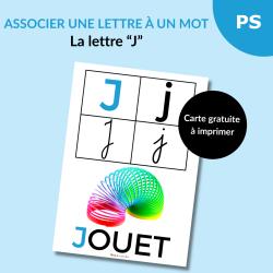 Une carte alphabet pour associer la lettre J à un mot : J comme Jouet