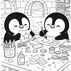 Coloriage de pingouins créatifs dans un igloo à imprimer gratuitement