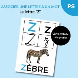 Une carte alphabet pour associer la lettre Z à un mot : Z comme Zèbre