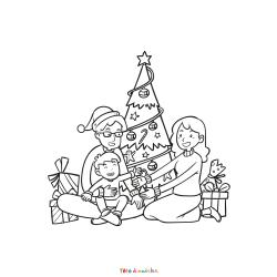 Coloriage d'une famille devant un sapin de Noël