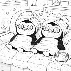 Coloriage de pingouins en mode détente sur un canapé à imprimer gratuitement