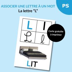 Une carte alphabet pour associer la lettre L à un mot : L comme Lit