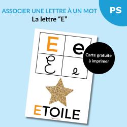 carte alphabet pour apprendre à associer la lettre E à un mot : E comme Étoile