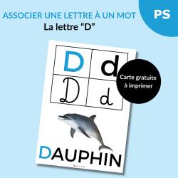 Une carte alphabet pour apprendre à associer la lettre D à un mot : D pour Dauphin
