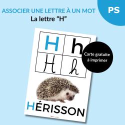 Une carte alphabet pour associer la lettre H à un mot : H comme Hérisson