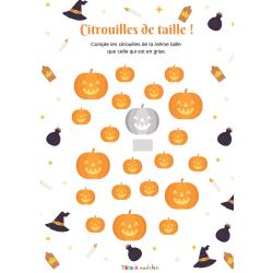 Un jeu d'observation et de comparaison à imprimer pour jouer avec la citrouille d'Halloween. Sur ce jeu il faut compter les citrouilles de la même taille que celle qui est en noir et blanc. Le nombre 