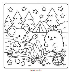Retrouvez un ?️coloriage Coco Wyo avec une soirée feu de camp. Un dessin tout mignon ✅