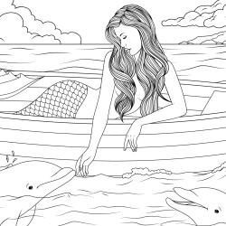Coloriage d'une sirène avec des dauphins à imprimer