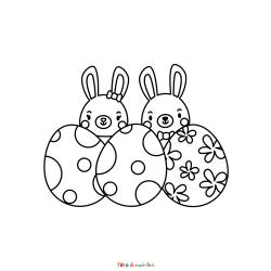 Retrouvez le coloriage de 3 lapins de Pâques avec des oeufs de Pâques et imprimez un joli dessin pour les fêtes