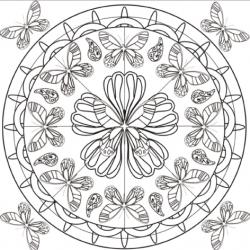 Dessin d'un mandala en carré organisé autour d'une grosse fleur d'orchidée. Le mandala est composé de papillons et d'arabesques. Un dessin gratuit à imprimer pour l'art thérapie ou coloriage thérapie