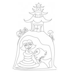 Illustration dde la légende du serpent blanc , la femme serpent et son amie le poisson bleu emprisonnées sous la pagode . Dessin à imprimer pour le coloriage