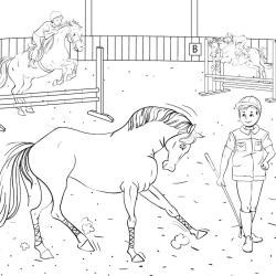 Dessin d'un cheval totalement harnaché et piaffant d'impatience en attendant l'arrivée de sa cavalière ou de son cavalier.