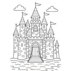 Retrouvez le Coloriage d'un château avec un pont levis et imprimez aux enfants un joli dessin sur le thème des contes de fée.