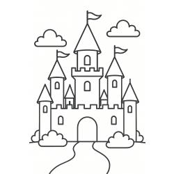 Coloriage d'un château de princesse avec des tours et des drapeaux