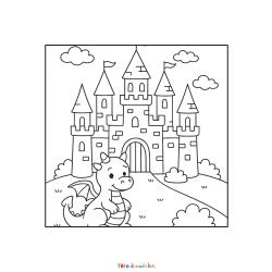 Retrouvez le coloriage d'un château de princesse avec un dragon et imprimez un dessin aux enfants qui aiment les contes de fée.