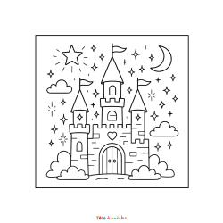 Retrouvez le coloriage d'un château de princesse dans la nuit et imprimez un dessin aux enfants qui aiment les contes de fée.