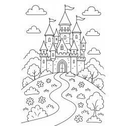 Retrouvez le Coloriage d'un château de princesse sur une coline et imprimez aux enfants un joli dessin sur le thème des contes de fée.