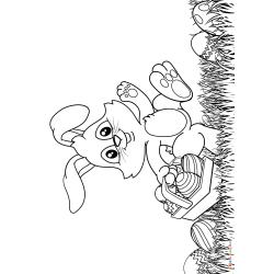 Retrouvez le coloriage d'un lapin de Pâques pendant une chasse aux oeufs et imprimez aux enfants un joli dessin de printemps