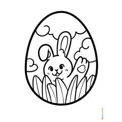 Retrouvez le coloriage d'un petit lapin dans l'herbe sur un oeuf et imprimez aux enfants un joli dessin pour les fêtes