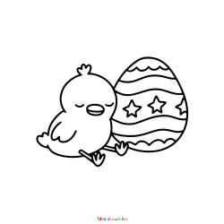 Retrouvez le coloriage d'un poussin à côté d'un oeuf de Pâques et imprimez un joli dessin pour les fêtes