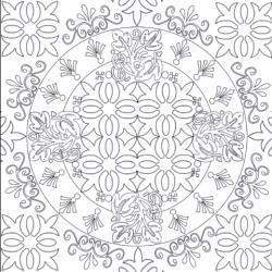 Coloriage d'un mandala conçu comme un carreau pour le coloriage des adultes. Aucune place n'est perdu dans ce coloriage en carré puisque le mandala rond est "encadré" de motifs à colorier eux aussi.
