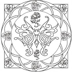 Coloriage d'un mandala de difficulté 2 pour les enfants - le mandala est organisé autour d'un grand papillon.
