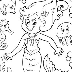 Coloriage de sirène à imprimer. Coloriage d'une sirène  jouant avec les poissons à imprimer pour le coloriage des enfants, dessin 23