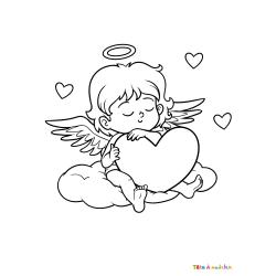 Coloriez et imprimez un coloriage d'un petit ange posé sur son nuage avec un gros coeur dans les bras.