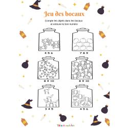 Une page de jeu à imprimer pour apprendre à compter aux enfants de maternelle. Avec cette page d'exercice votre enfant peut s'entraîner à compter, il doit compter les objets contenus dans chaque bocal
