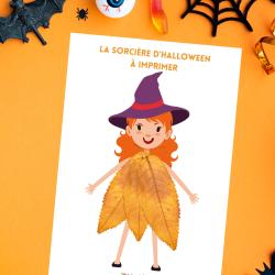 Collage d'une sorcière d'Halloween en feuille d'arbre avec Tête à modeler
