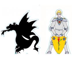 Décoration de gâteau chevalier à imprimer : dragon noir et chevalier blond debout. Ces décorations sont à imprimer, découper, plier et coller, tout simplement.