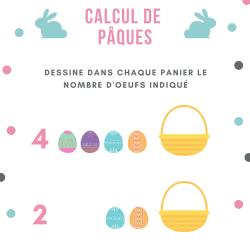 Fiche de calcul de Pâques à imprimer : à votre enfant de dessiner dans chaque panier les quantités d'oeufs indiquées - Dessine dans chaque panier les quantités d'oeufs indiquées dans chaque panier les